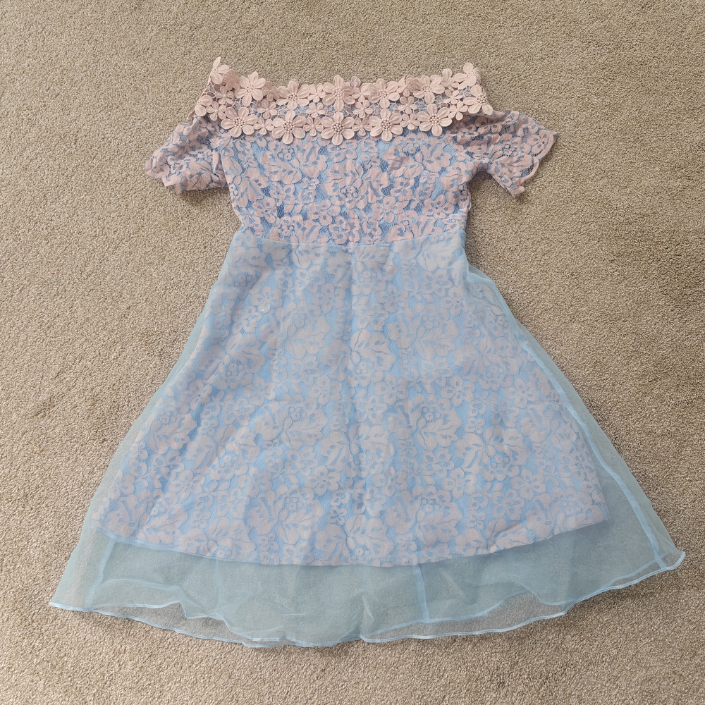 Off-Shoulder Lace Mini Dress in Pink & Light Blue